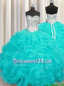 Suitable Organza Sweetheart Sleeveless Lace Up Beading and Ruffles Sweet 16 Quinceanera Dress inAqua Blue