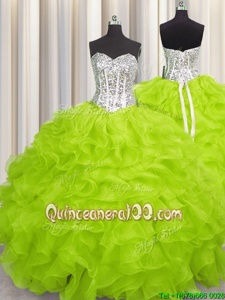 Elegant Organza Sweetheart Sleeveless Lace Up Beading and Ruffles Quince Ball Gowns inYellow Green