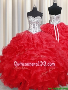 Popular Red Ball Gowns Organza Sweetheart Sleeveless Beading and Ruffles Floor Length Lace Up Quinceanera Dress