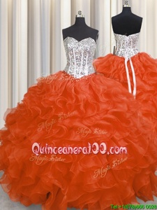 Modern Beading and Ruffles Quinceanera Gown Orange Red Lace Up Sleeveless Floor Length