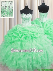 Dramatic Visible Boning Apple Green Ball Gowns Organza Sweetheart Sleeveless Beading and Ruffles and Pick Ups Floor Length Lace Up Quinceanera Dress