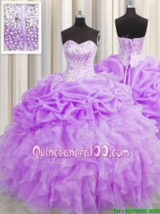 Deluxe Visible Boning Sleeveless Beading and Ruffles and Pick Ups Lace Up Quinceanera Gown