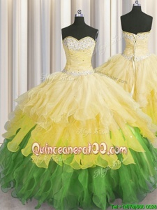 New Arrival Sleeveless Lace Up Floor Length Beading and Ruffles and Ruffled Layers and Sequins 15 Quinceanera Dress
