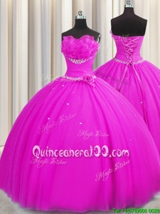Luxury Handcrafted Flower Strapless Sleeveless Tulle 15th Birthday Dress Beading and Sequins and Hand Made Flower Lace Up