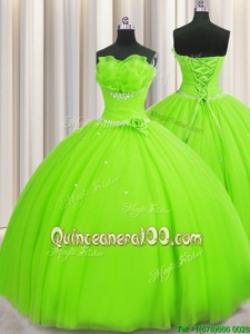 Flare Handcrafted Flower Spring Green Ball Gowns Beading and Sequins and Hand Made Flower Sweet 16 Dress Lace Up Tulle Sleeveless Floor Length