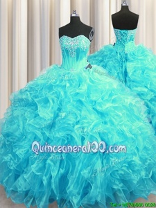 Flare Aqua Blue Sweetheart Lace Up Beading and Ruffles Ball Gown Prom Dress Brush Train Sleeveless