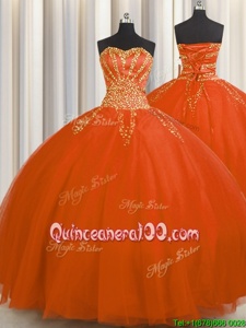 Stunning Really Puffy Orange Red Lace Up Vestidos de Quinceanera Beading Sleeveless Floor Length
