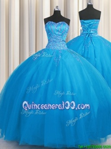 Clearance Big Puffy Spring and Summer and Fall and Winter Tulle Sleeveless Floor Length 15th Birthday Dress andBeading