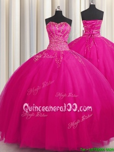 Big Puffy Fuchsia Ball Gowns Beading Ball Gown Prom Dress Lace Up Tulle Sleeveless Floor Length