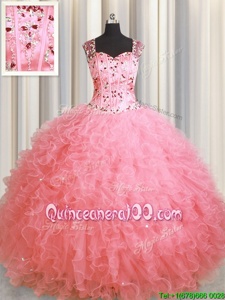 Fashionable See Through Zipper Up Floor Length Zipper Quinceanera Dress Watermelon Red and In forMilitary Ball and Sweet 16 and Quinceanera withBeading and Ruffles
