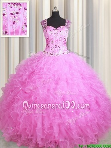 Luxury See Through Zipper Up Rose Pink Square Zipper Beading and Ruffles 15 Quinceanera Dress Sleeveless