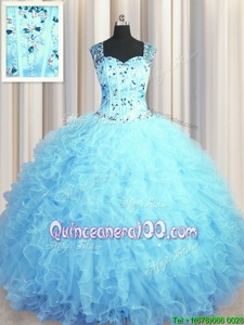 Customized See Through Zipper Up Ball Gowns 15 Quinceanera Dress Baby Blue Square Tulle Sleeveless Floor Length Zipper