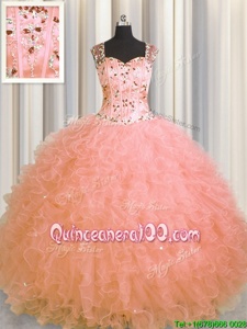 Free and Easy See Through Zipper Up Watermelon Red Sleeveless Floor Length Beading and Ruffles Zipper Quinceanera Dress