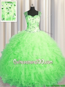Inexpensive See Through Zipper Up Spring Green Sleeveless Tulle Zipper Quinceanera Dress forMilitary Ball and Sweet 16 and Quinceanera