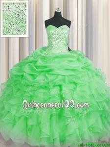 Fantastic Sleeveless Floor Length Beading and Ruffles Lace Up Vestidos de Quinceanera with Green