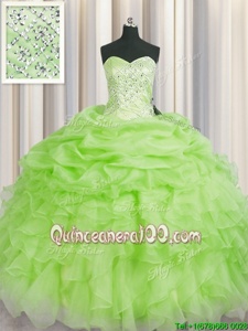High End Spring Green Lace Up Ball Gown Prom Dress Beading and Ruffles Sleeveless Floor Length