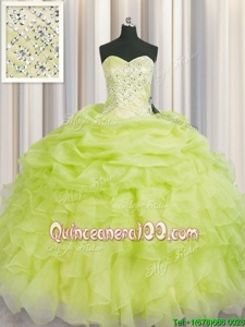 Delicate Yellow Green Sleeveless Beading and Ruffles Floor Length Quince Ball Gowns