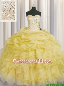 Noble Light Yellow Sleeveless Beading and Ruffles Floor Length Quinceanera Gowns