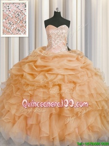 Artistic Gold Ball Gowns Organza Sweetheart Sleeveless Beading and Ruffles Floor Length Lace Up Quinceanera Dresses