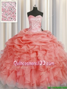 New Style Organza Sweetheart Sleeveless Lace Up Beading and Ruffles Quinceanera Gowns inWatermelon Red