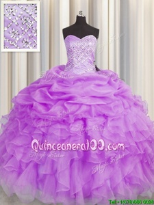 Lovely Sleeveless Organza Floor Length Lace Up Sweet 16 Dress inLavender forSpring and Summer and Fall and Winter withBeading and Ruffles