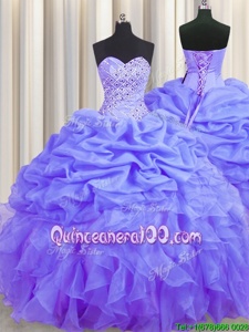 Custom Made Sweetheart Sleeveless Organza 15th Birthday Dress Beading and Ruffles and Pick Ups Lace Up