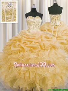Fancy Visible Boning Beading and Ruffles and Pick Ups Quinceanera Dresses Light Yellow Lace Up Sleeveless Floor Length