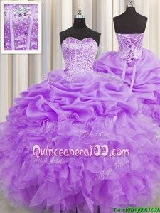 Wonderful Visible Boning Lavender Ball Gowns Beading and Ruffles and Pick Ups Quince Ball Gowns Lace Up Organza Sleeveless Floor Length