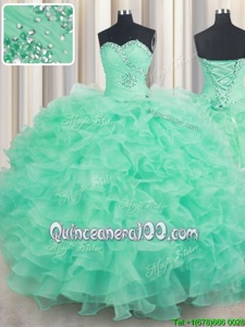 Hot Sale Apple Green Sleeveless Floor Length Beading and Ruffles Lace Up Sweet 16 Dress