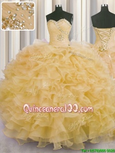 Designer Champagne Ball Gowns Organza Sweetheart Sleeveless Beading and Ruffles Floor Length Lace Up Sweet 16 Quinceanera Dress