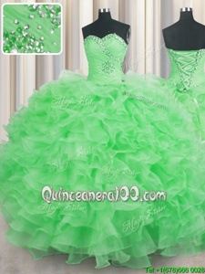 New Style Spring Green Organza Lace Up Sweetheart Sleeveless Floor Length Quinceanera Dress Beading and Ruffles