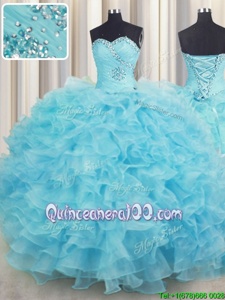 Best Selling Aqua Blue Sleeveless Organza Lace Up 15 Quinceanera Dress forMilitary Ball and Sweet 16 and Quinceanera
