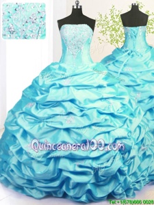Exceptional Aqua Blue Ball Gowns Strapless Sleeveless Taffeta With Train Sweep Train Lace Up Beading and Pick Ups Sweet 16 Quinceanera Dress
