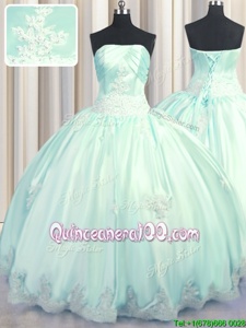 Hot Selling Apple Green and Light Blue Sleeveless Floor Length Beading and Appliques Lace Up Sweet 16 Quinceanera Dress