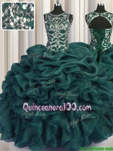Custom Design See Through Scoop Sleeveless Lace Up Quinceanera Dress Teal Organza