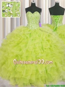 Beauteous Visible Boning Yellow Green Sweetheart Neckline Beading and Ruffles Sweet 16 Quinceanera Dress Sleeveless Lace Up