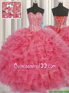 Elegant Visible Boning Coral Red Sweetheart Lace Up Beading and Ruffles Quinceanera Gowns Sleeveless