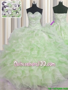 Top Selling Floor Length Green Quinceanera Gowns Organza Sleeveless Spring and Summer and Fall and Winter Beading and Ruffles