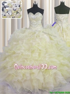 Excellent Beading and Ruffles Quinceanera Dress Light Yellow Lace Up Sleeveless Floor Length