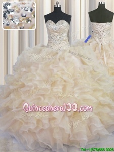 Organza Sweetheart Sleeveless Lace Up Beading and Ruffles 15th Birthday Dress inChampagne