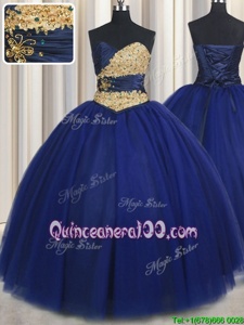 Custom Designed Navy Blue Lace Up Sweetheart Beading and Appliques Quince Ball Gowns Tulle Sleeveless