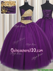 Affordable Purple Ball Gowns Beading and Appliques Quinceanera Gown Lace Up Tulle Sleeveless Floor Length