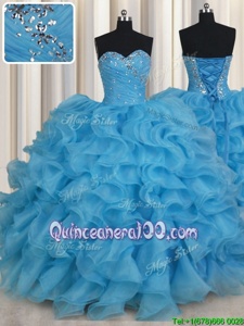 Affordable Baby Blue Sweetheart Lace Up Beading and Ruffles Quinceanera Dresses Sleeveless
