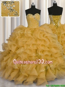 Ideal Gold Quinceanera Dresses Military Ball and Sweet 16 and Quinceanera and For withBeading and Ruffles Sweetheart Sleeveless Lace Up