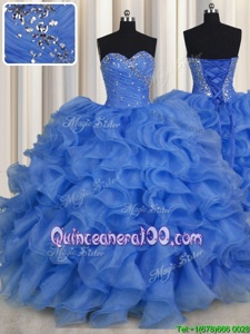 Fashion Aqua Blue Lace Up Sweetheart Beading and Ruffles Quinceanera Gowns Organza Sleeveless