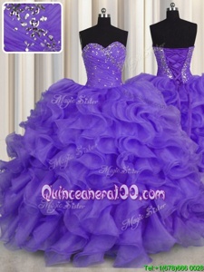 Glamorous Floor Length Lace Up Sweet 16 Dress Lavender and In forMilitary Ball and Sweet 16 and Quinceanera withBeading and Ruffles