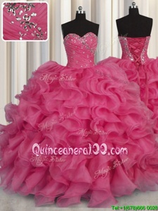 Delicate Sweetheart Sleeveless Lace Up Quinceanera Gown Hot Pink Organza