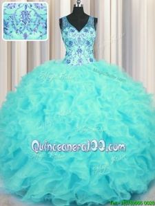 Shining V Neck Aqua Blue Sleeveless Organza Zipper Sweet 16 Quinceanera Dress forMilitary Ball and Sweet 16 and Quinceanera