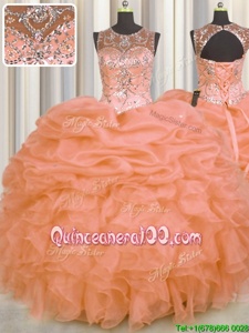Hot Selling See Through Orange Scoop Neckline Beading and Ruffles and Pick Ups 15th Birthday Dress Sleeveless Lace Up
