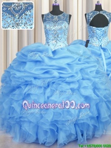 Great See Through Sleeveless Beading and Ruffles and Pick Ups Lace Up Vestidos de Quinceanera